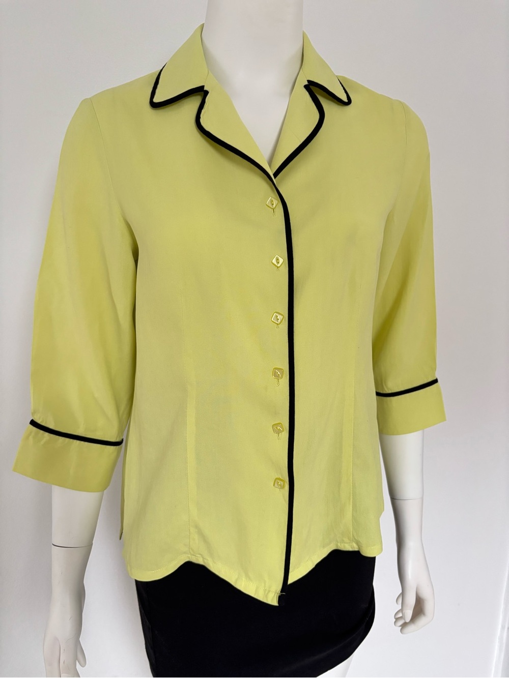 Sag Harbor 100%Silk Lime Yellow Button-Down Blouse with Black Trim